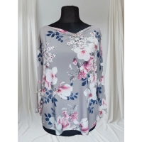 Popielata bluzka z rękawem 3/4 kimono - białe magnolie